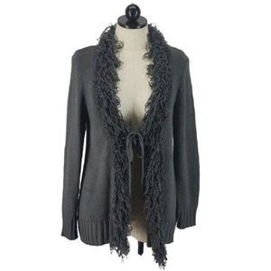 Kim Rogers Women's Charcoal Gray Fringe Tie Front Cardigan Sweater Size Medium